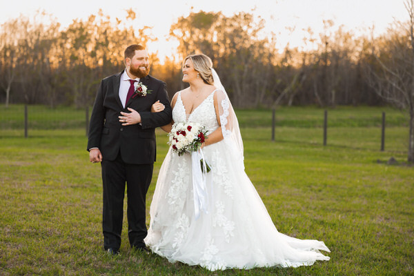 Bride and Groom during Sunset at Still Waters Ranch Wedding Venue in Houston, Texas