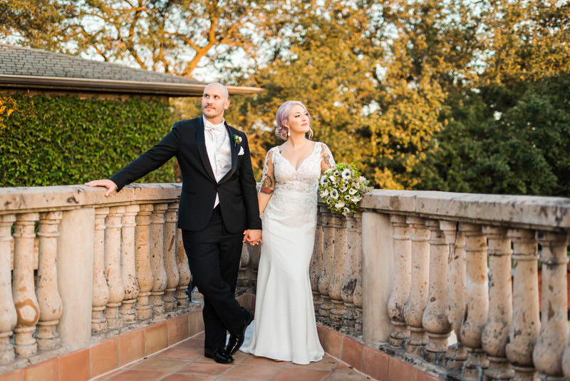 Couple on the balcony of The Gallery wedding venue in Houston, Texas